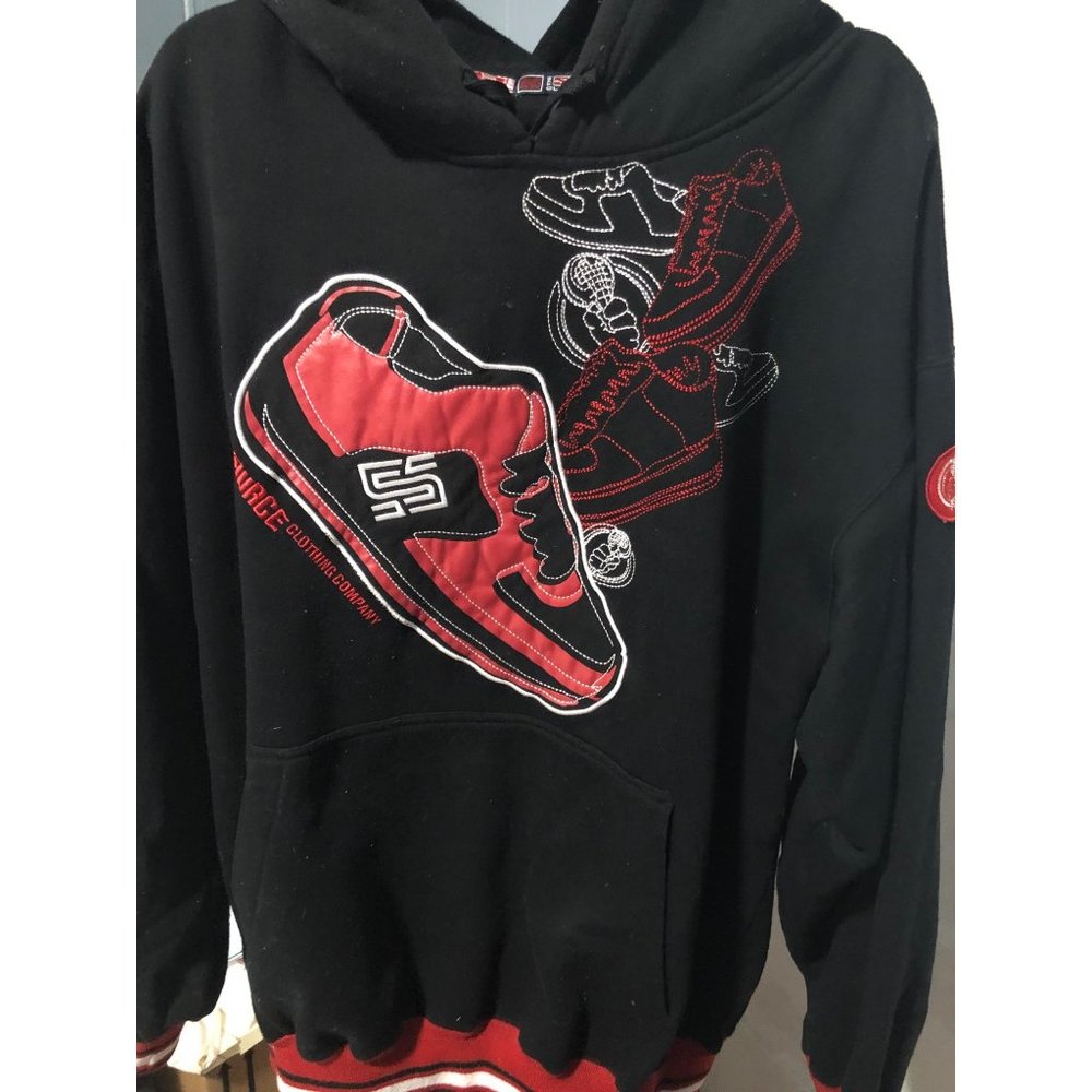 The Source Clothing Shoes Embroidered Black Hoodie XL Vtg Hip Hop Street Wear